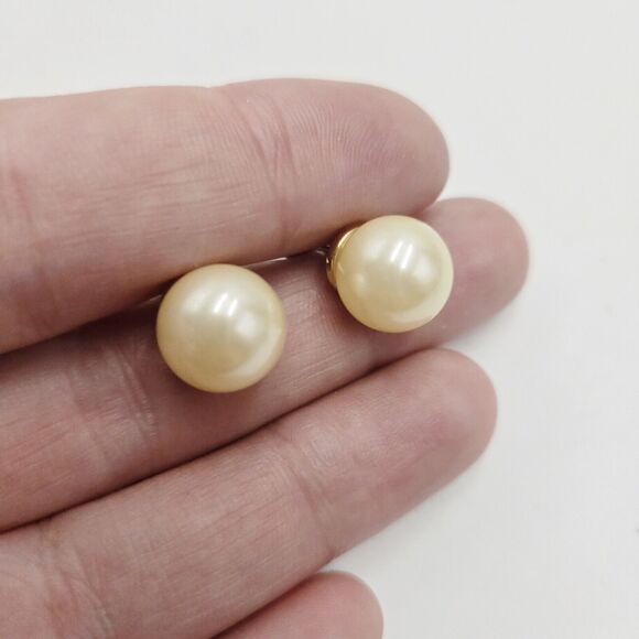 Vintage Signed Kenneth Jay Lane KJL Large Faux Pearl Studs Earrings Gold Tone - Picture 1 of 4